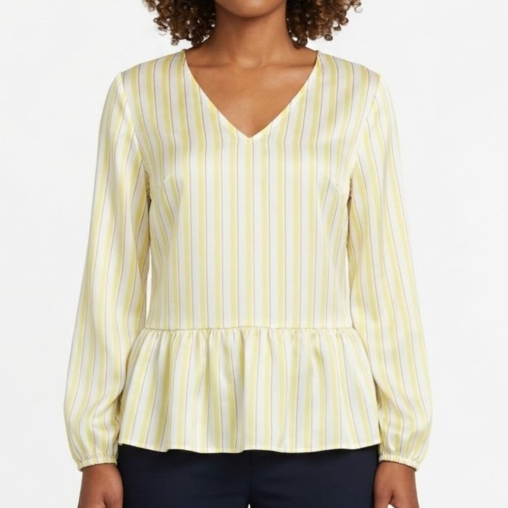 Nine West Yellow White Striped V-Neck Peplum Blouse Long Sleeve Size L